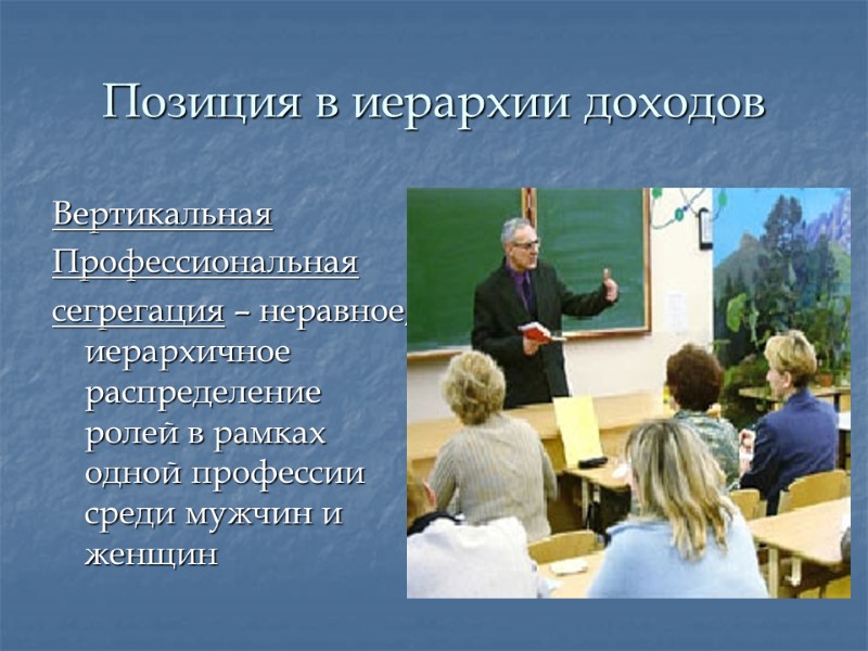 Позиция в иерархии доходов Вертикальная Профессиональная сегрегация – неравное, иерархичное распределение ролей в рамках